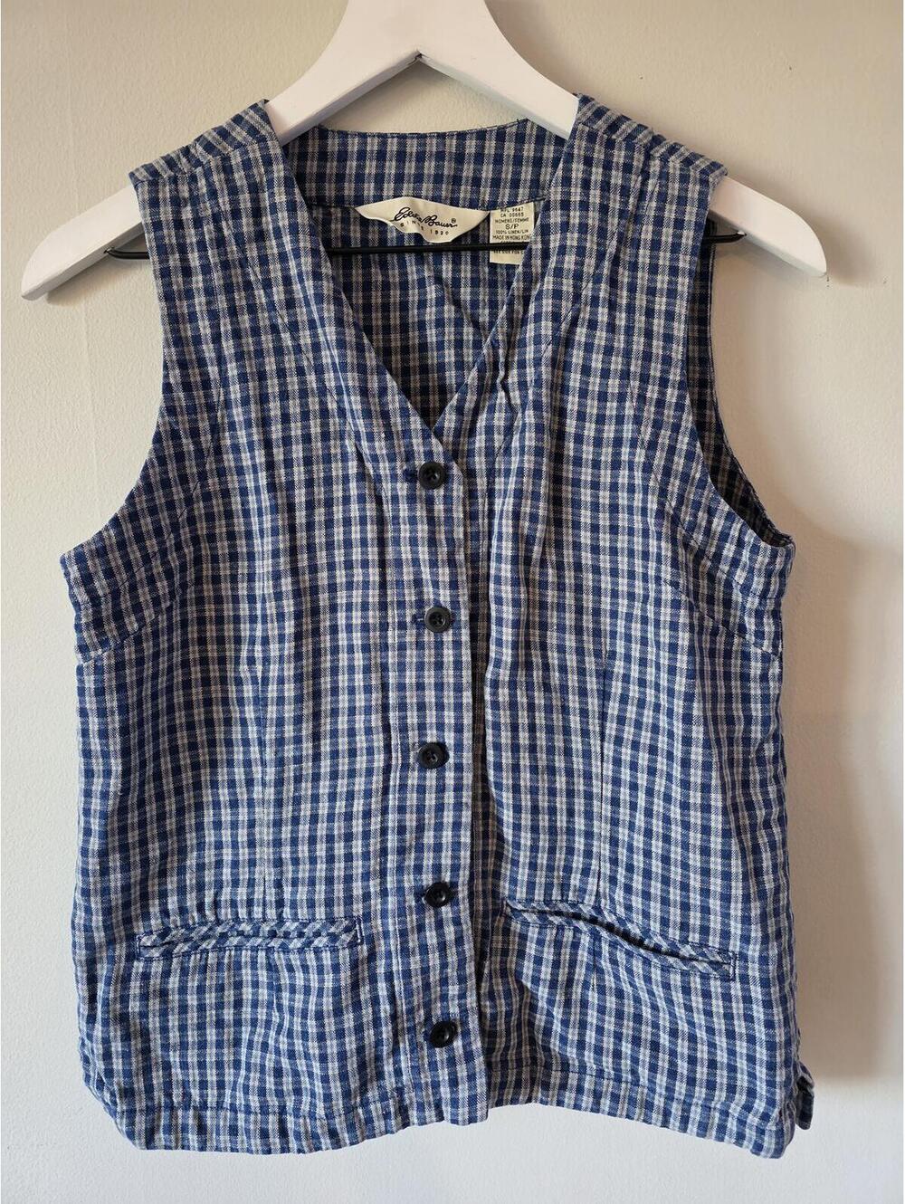 Vintage Eddie Bauer 100% Linen Gingham Plaid Vest - Button front - Size Small